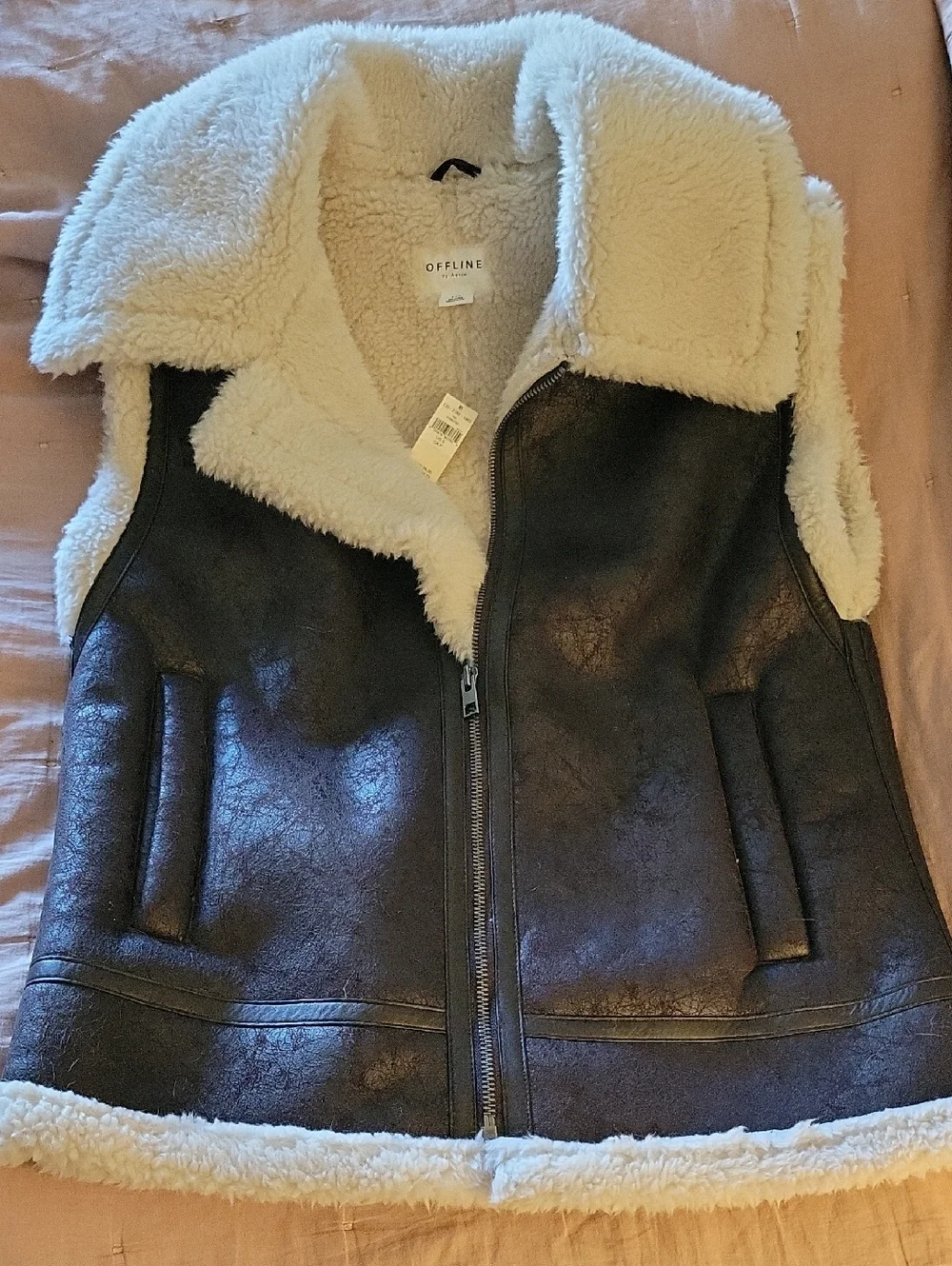AERIE OFFLINE Faux Shearling Lined Brown Vest with Cream Collar - Picture 2 of 14